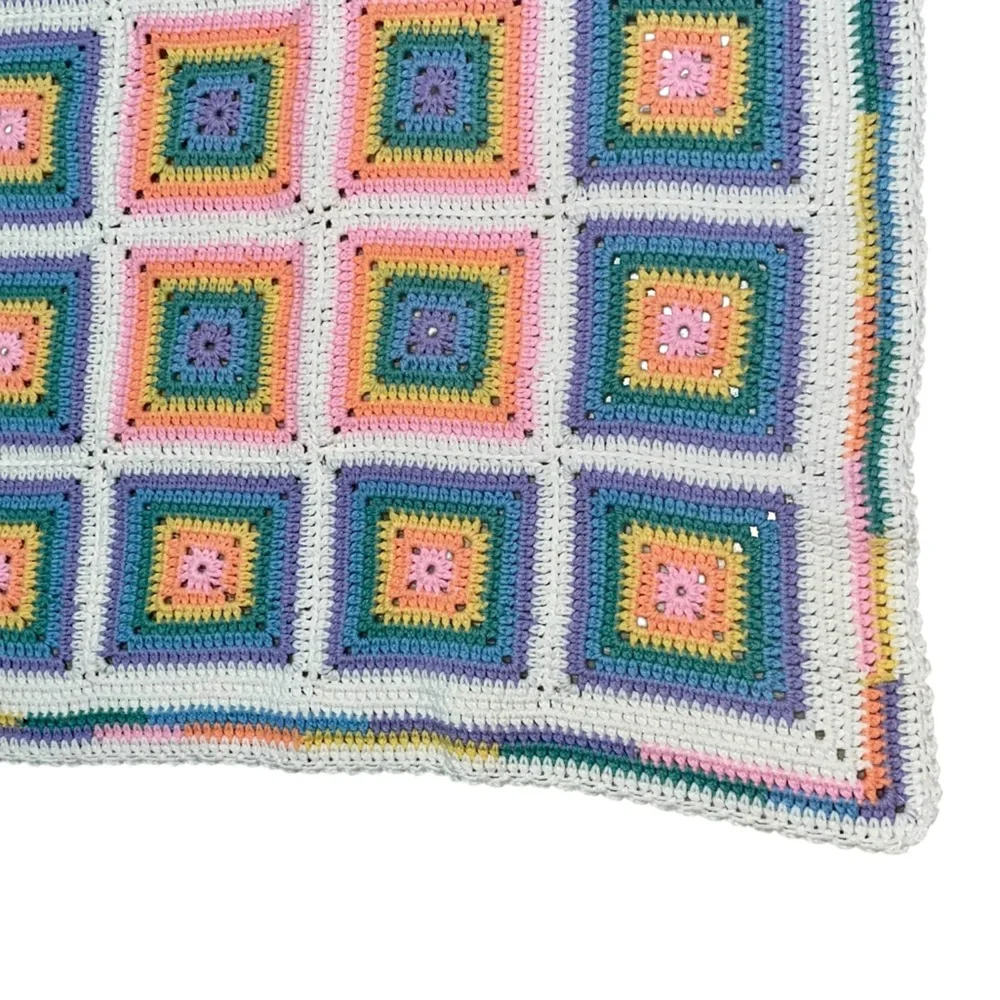 Vintage 70s  Square Granny Afghan Crochet Baby, Chair Blanket  35.5 Inches